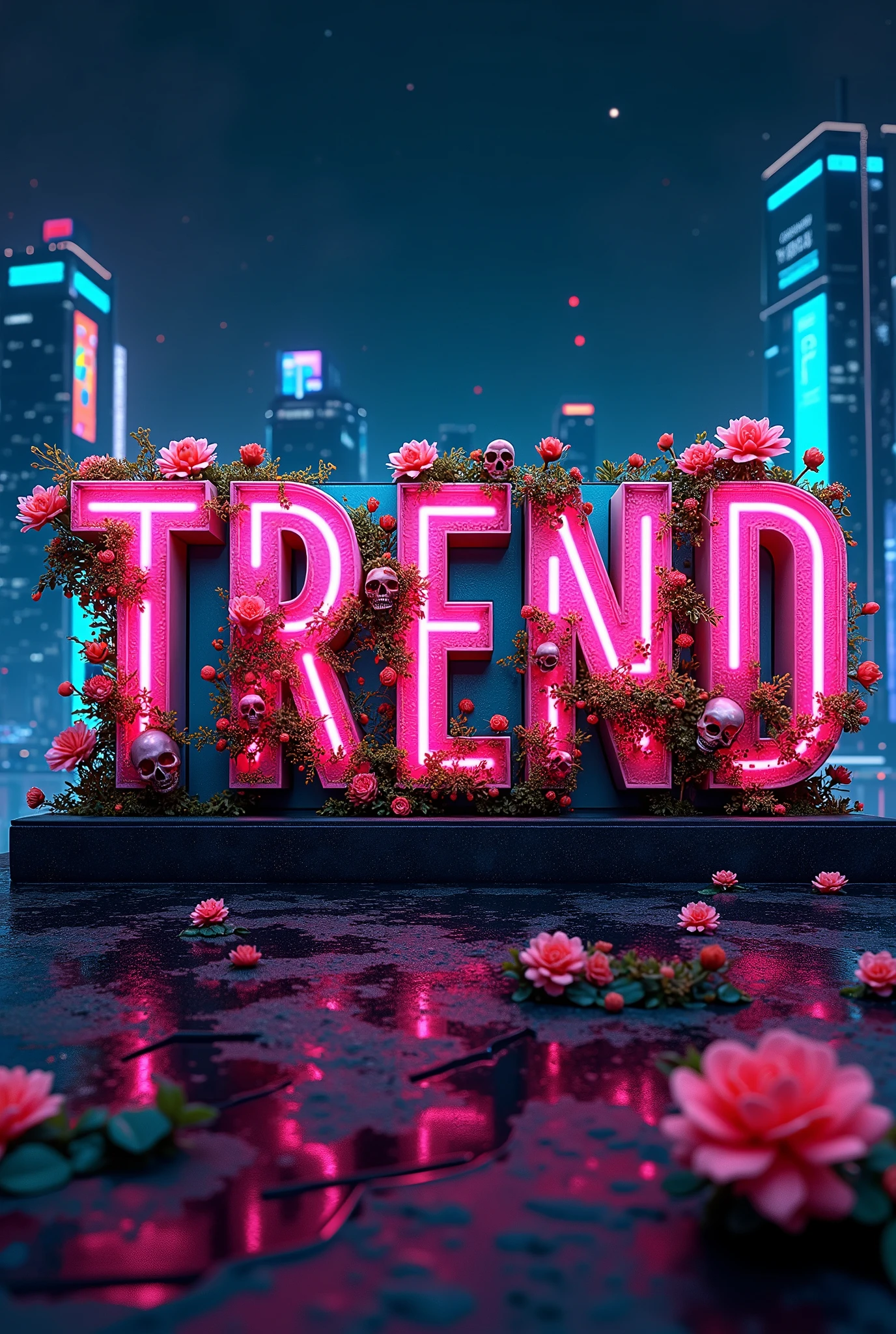 Please draw a cyber illustration using the words TREND, flowers and skulls.