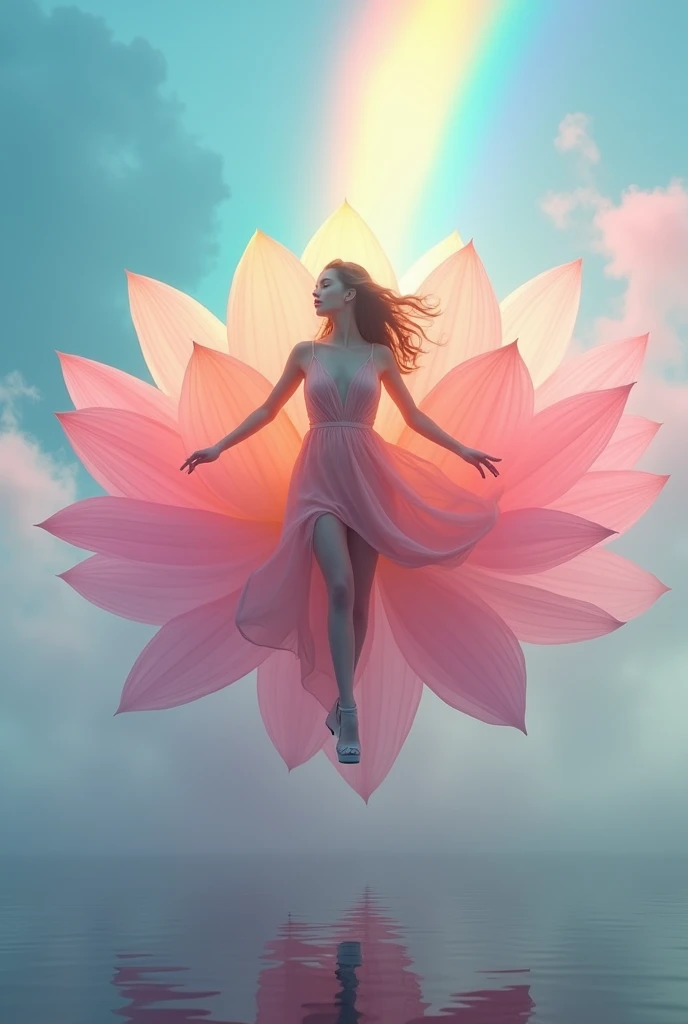 ,running on clouds, background color blue pink rainbow in the distance from the fog around and at the feet, minimalist, elegant, pure gentle, soft rainbow light, photorealistic. Giant Rainbow Lotus , with huge and long rainbow petals. (petal made of thin and soft tulle, flowing petals full background, floating petals, hyperflying petals, at the feet A mix of rainbow smoke and fog effects from colored rainbow fog on the ground and petals). Extravagant, beautiful woman full length, nice legs,shoes, in a fast dance in a flying pose, (Ultra detailed face, hyperrealistic) позирую Giant Rainbow Lotus , center of rainbow in photo, woman looking at viewer, permission 8k, masterpiece, top quality, the skirt flutters strongly in the wind,