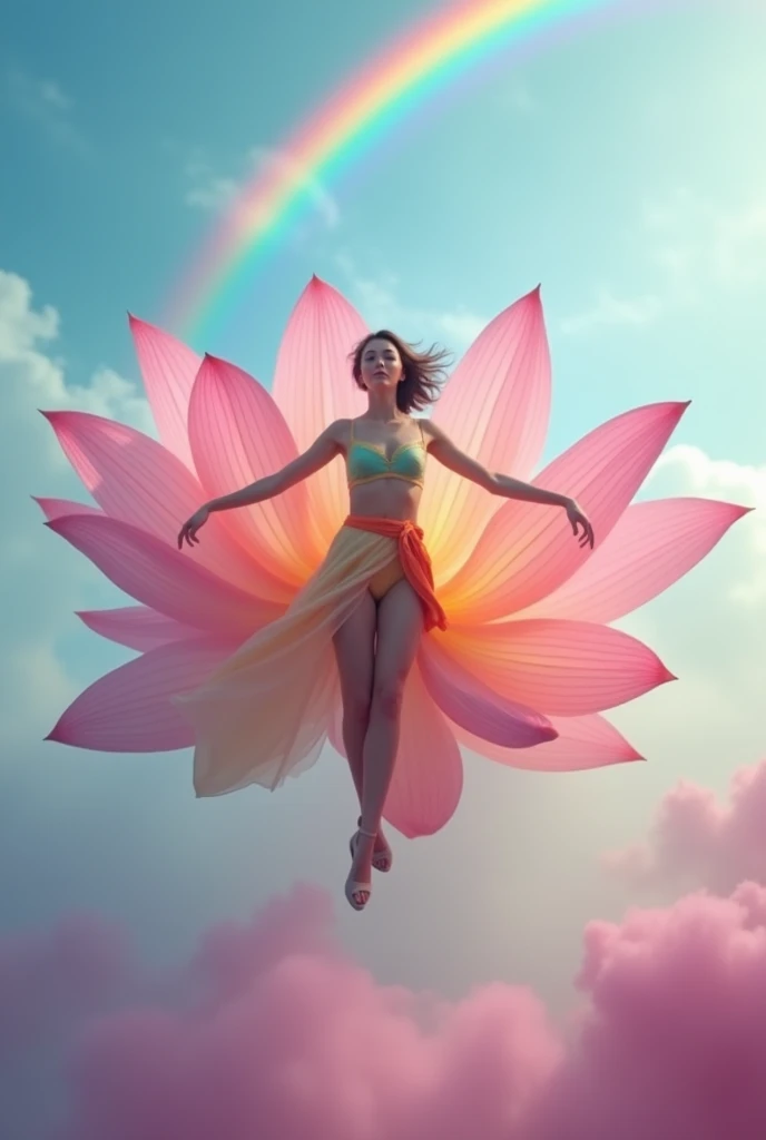   ,running on clouds, background color blue pink rainbow in the distance from the fog around and at the feet, minimalist, elegant, pure gentle, soft rainbow light, photorealistic. Giant Rainbow Lotus , with huge and long rainbow petals. (petal made of thin and soft tulle, flowing petals full background, floating petals, hyperflying petals, at the feet A mix of rainbow smoke and fog effects from colored rainbow fog on the ground and petals). Extravagant, beautiful woman full length, nice legs,shoes, in a fast dance in a flying pose, (Ultra detailed face, hyperrealistic) позирую Giant Rainbow Lotus , center of rainbow in photo, woman looking at viewer, permission 8k, masterpiece, top quality, the skirt flutters strongly in the wind,