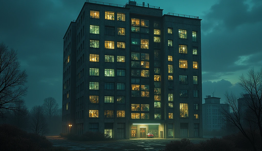 A 14-storey Russian panel house, in each window of which you can see different worlds, a mystical atmosphere, a Lovecraftian atmosphere, at night, realistic