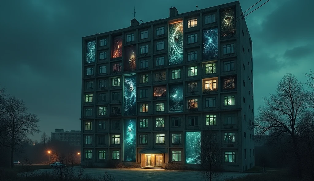 A 14-storey Russian panel house, in each window of which you can see different worlds, a mystical atmosphere, a Lovecraftian atmosphere, at night, realistic