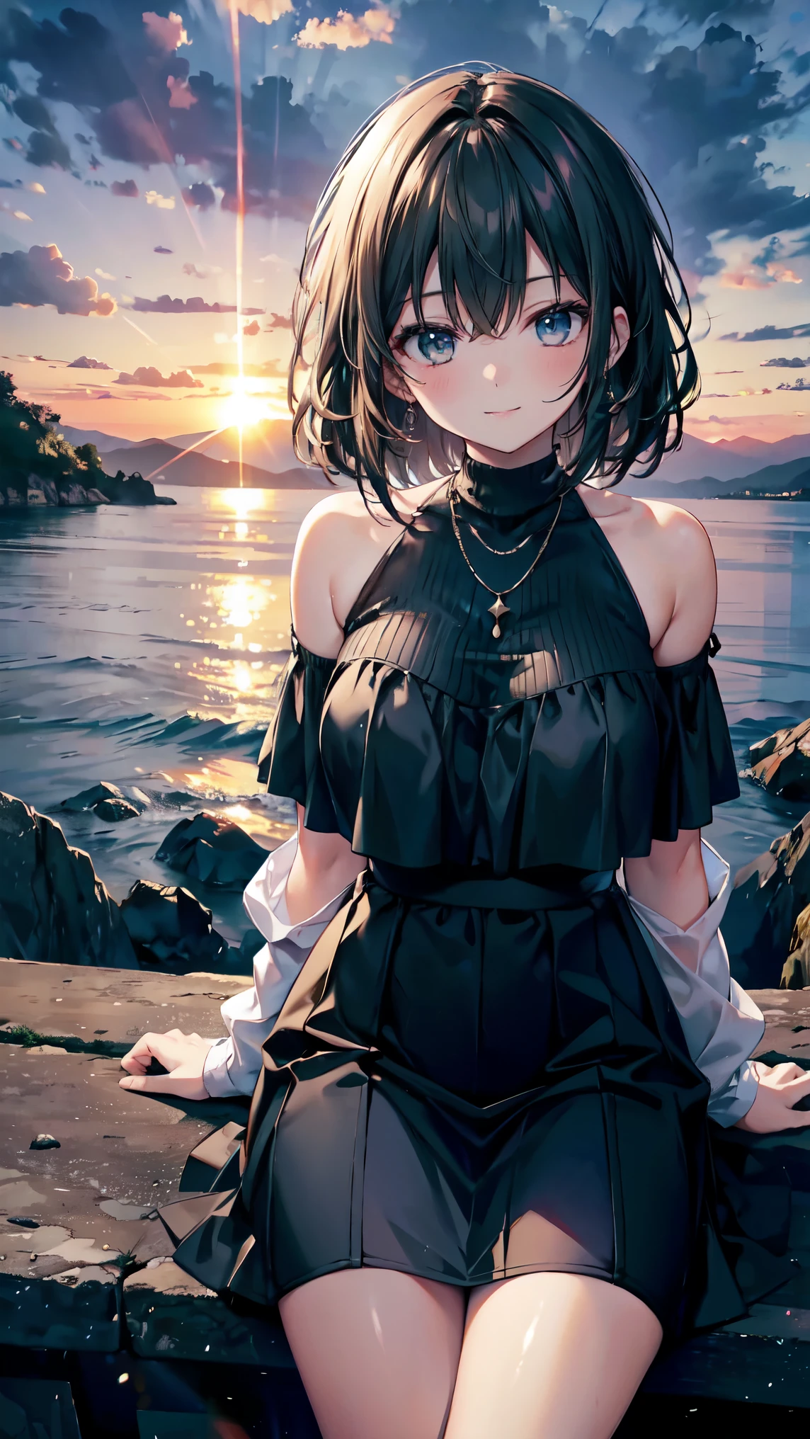 (Dark Scene, Soft lighting, High saturation):1.4, Vivid lighting, Captivating elegance, Atmospheric Depth, Amazing technique, Naturalistic representation, Harmonious composition, Creative refinement, A striking contrast,
(One girl, Young Beauty), Sitting, smile, View Viewer, From above, Sharp focus, Extra Large_sweater, shoulder,
((sunset)),Volumetric Fog, Outdoor, Backlight, 8k