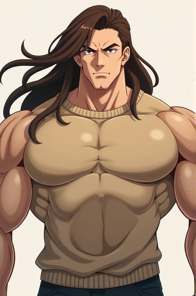 Un personnage d’anime cheveux marron long cheveux musclé portant un pull