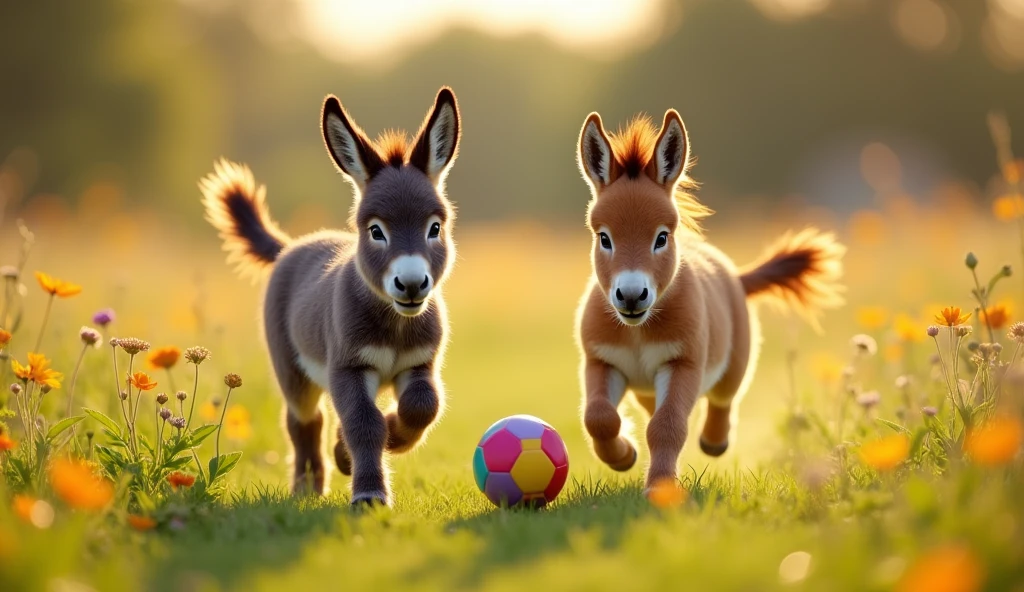 Full-frame photography of a vibrant field of green grass with colorful flowers is the main setting. The sunlight is soft and golden, giving a warm glow to the scene.
Baby Donkey (Mammoth Breed): A one-month-old baby, jumping and running.
Its expression is one of excitement and joy.
Baby Horse (Mustang Breed): A one-month-old baby
Also, displaying a playful expression.
Ball: A colorful ball, appropriate for the size of the animals, is at the center of the action.
Additional Details: Light and Resolution: The light is natural and diffused, creating a warm and cheerful atmosphere. The resolution should be high, capturing sharp details of the animals' fur and expressions.

