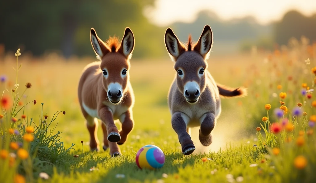 Full-frame photography of a vibrant field of green grass with colorful flowers is the main setting. The sunlight is soft and golden, giving a warm glow to the scene.
Donkey (Mammoth Breed): A one-mont baby, and running.
Its expression is one of excitement and joy.
Baby Horse (Mustareed): A one-month-old baby
Also, aying l expression.
Ball: A colorful ball, appropriate for the size of the animals, is at the center of the action.
Additional Details: Light and Resolution: The light is natural and diffused, creating a warm and cheerful atmosphere. The resolution should be high, capturing sharp details of the animals' fur and expressions.