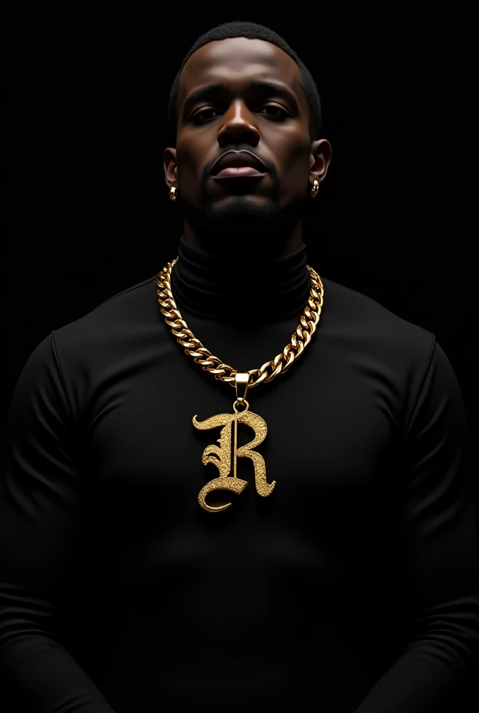 A gold necklace on a black screen with the word R written on a rapper's neck