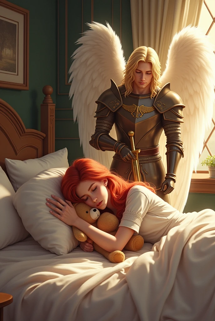 A beautiful young woman with wavy red hair, sleeping cuddling a cute teddy bear, and in the corner of the room a beautiful male angel, blonde with beautiful wings and medieval armor, and a sword in his hand.