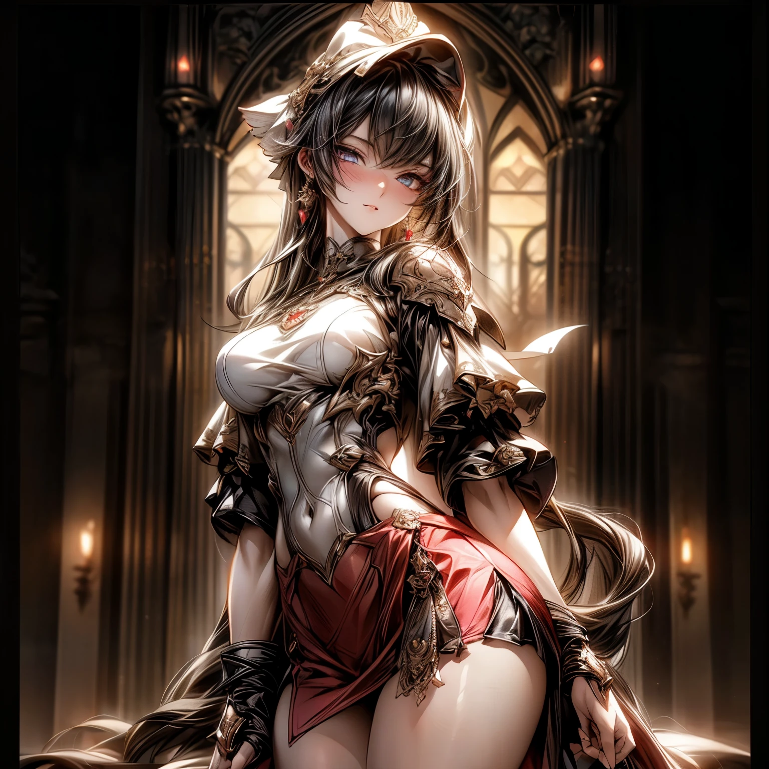 (best quality)), ((Masterpiece)), (details:1.4), 3d, HDR (high dynamic range), an image of a beautiful cyberpunk female, Cyberpunk, Black hair, Curtain Bangs, Hips up, Beautiful white eyes, จมูกโด่ง, ปากแดง, หน้าอกใหญ่, nvidia RTX, PBR surface, After processing, Anisotropic filtration,depth of field, Maximum clarity and clarity, multi-layered surface, Subsurface scattering, perfect proportions, 8K raw files, ultra detailed, Perfect proportions, volumetric lighting, soft lighting, Holy Paldin, Heavy Golden Armor, glossy skin, Castle background, jewely, ต่างหู, นิ้วมือสมบูรณ์, mini red skirt,