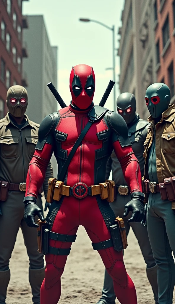 Deadpool encounters a group of masked villains on a deserted street. The villains look surprised and confused.. Deadpool is in a funny pose, as if he was making fun of them.