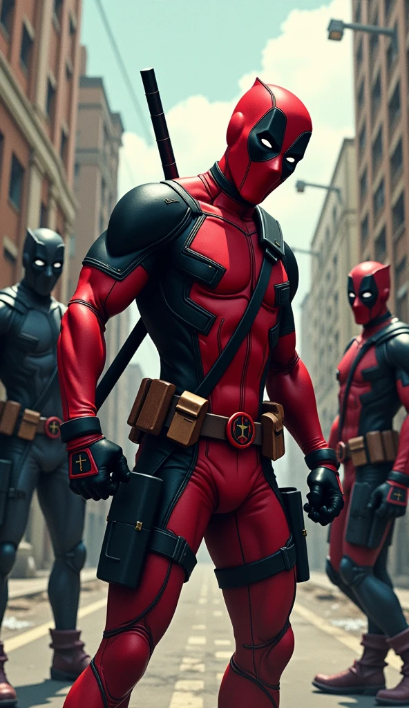 Deadpool encounters a group of masked villains on a deserted street. The villains look surprised and confused.. Deadpool is in a funny pose, as if he was making fun of them.
