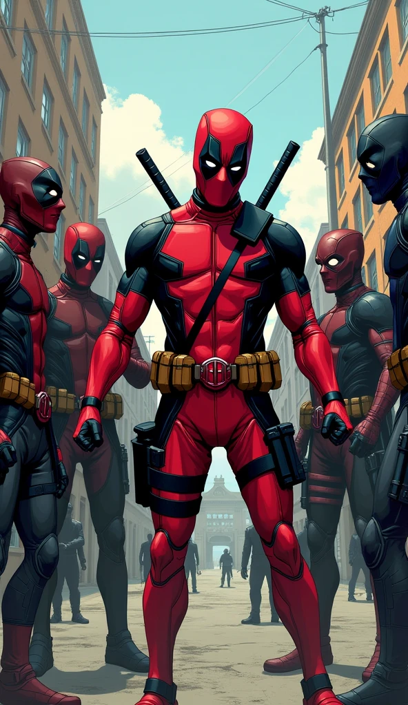 Deadpool encounters a group of masked villains on a deserted street. The villains look surprised and confused.. Deadpool is in a funny pose, as if he was making fun of them.