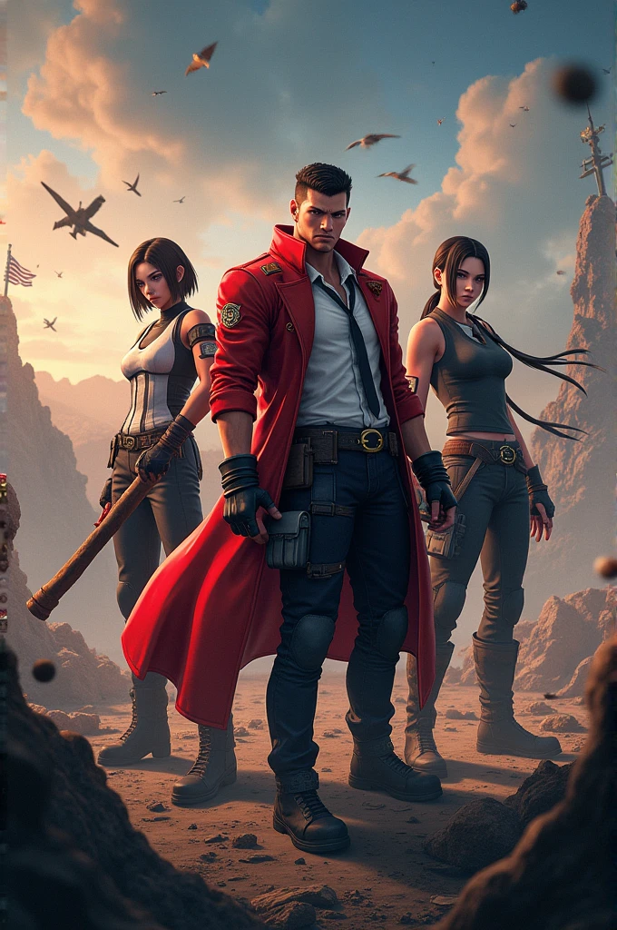 Make super duper wallpaper for group and And text below KOF STORE and wallpaper like pubg squad man or women in like king of fighter