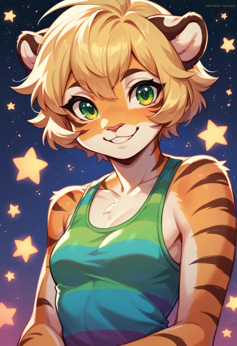 Anthropomorphic, cute, tiger woman, short chic blonde hair, green eyes, hourglass, small breasts, colorful rainbow striped tank top, cheerful smile, portrait, stars background