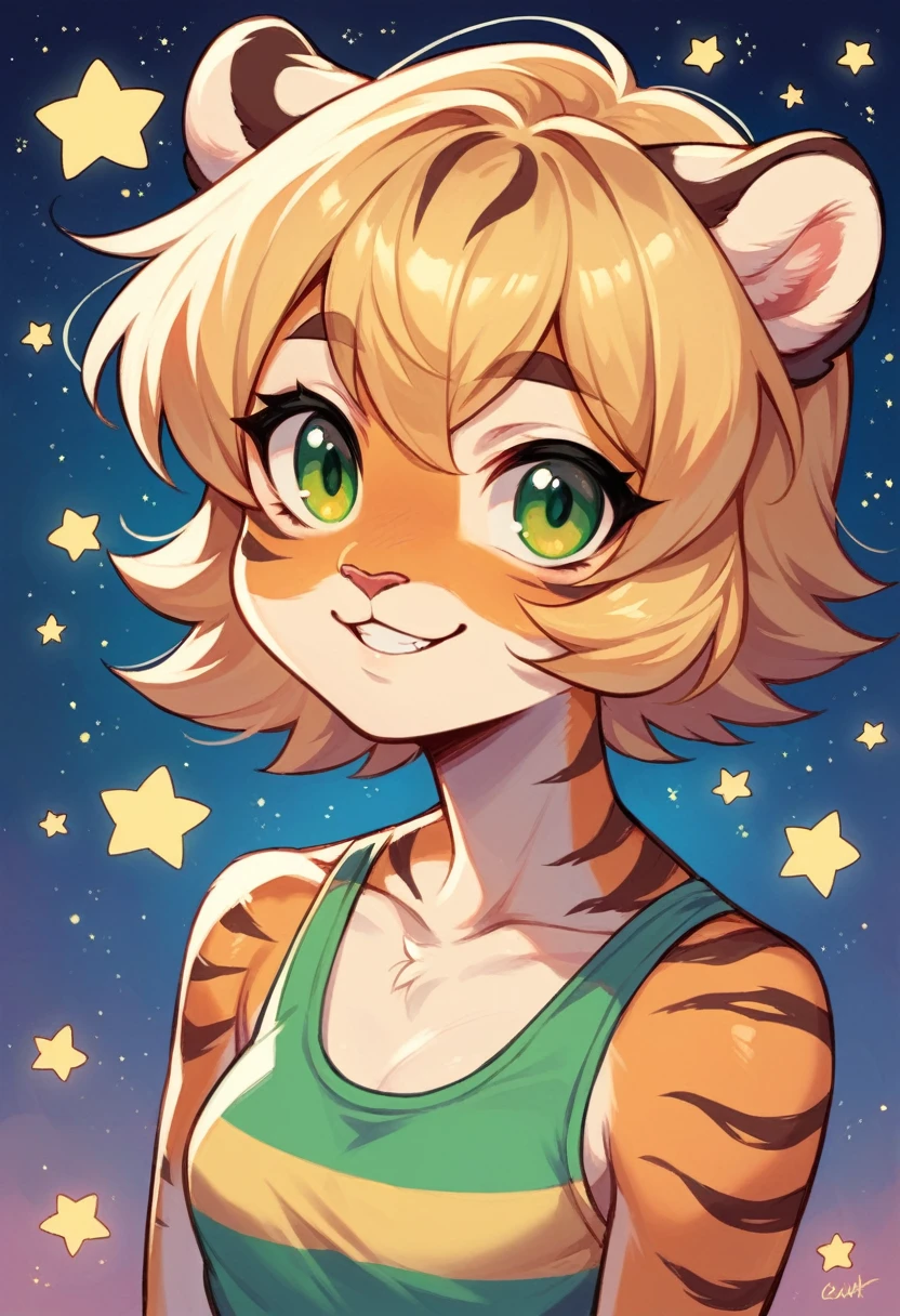Anthropomorphic, cute, tiger woman, short chic blonde hair, green eyes, hourglass, small breasts, colorful rainbow striped tank top, cheerful smile, portrait, stars background