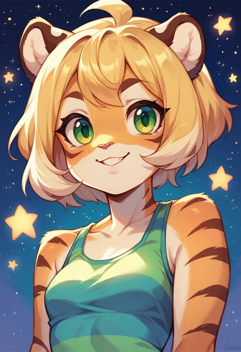 Anthropomorphic, cute, tiger woman, short chic blonde hair, green eyes, hourglass, small breasts, colorful rainbow striped tank top, cheerful smile, portrait, stars background