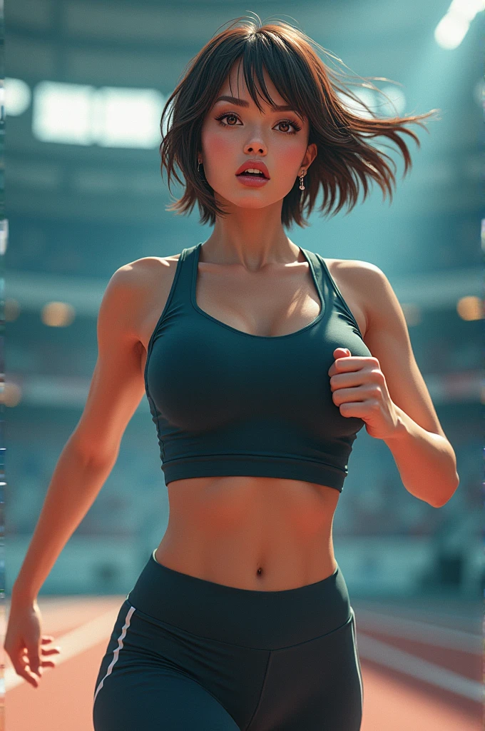masterpiece, (high quality:1.1), intricate details, cinematic lighting, motion lines,
IkumiSunohara, 1girl, mature female, milf, (solo:1.3), walking, running, from behind, ass, tight clothes, fists,
(looking at viewer:1.1), blush, teeth, surprised, sweat,
short hair, brown eyes, earrings, shiny, lips,
(two-tone T-shirt:1.1), yoga pants, sneakers,
large breasts, thighs,
indoors, stadium,