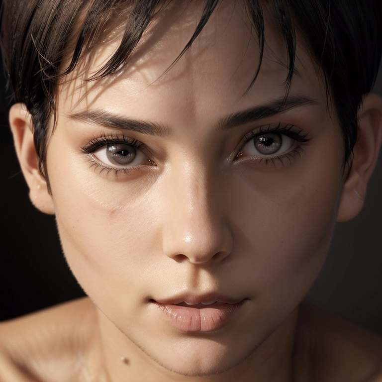 Close-up on the face of a mature girl with the delicate body, she has dark brown eyes, she wears a very short and sensual black bikini, she is delicate, her short hair is cut above the ears and slightly messy. The background of the image is dark. The girl strikes provocative poses for the camera. 3D Animation Style