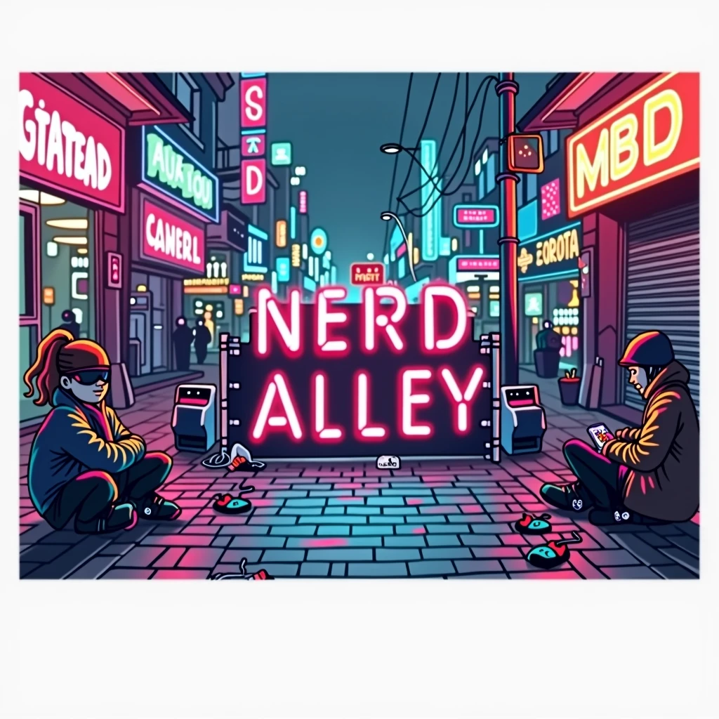 fund: A street scene illuminated by neon lights, with tall buildings and illuminated signs displaying names and pop culture elements.
texto: At the center, the phrase stands out "NERD ALLEY" em letras grandes e brilhantes, with a pink neon appearance, surrounded by geometric shapes and icons that refer to technology.
Personagens: Two figures sitting on a sidewalk, with styles that express a nerdy look, like colored hair and casual clothes. They are surrounded by technology equipment, such as video game consoles and monitors.
colors: The color palette is rich in shades of pink, blue and purple, creating a strong and attractive contrast that evokes a sense of nostalgia and modernity.
Additional Elements: There are objects like cables, joysticks and other gadgets scattered across the floor, complementing the technological theme of the image.