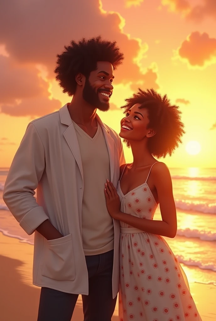 a dark-skinned pharmacist, 3 tall and smiling appearance with beautiful curly wavy hair like a small tuft
, next to a 20 year old with curly hair, dark skin brown eyes, short-hair, in a white daisy dress at a sunset on the beach