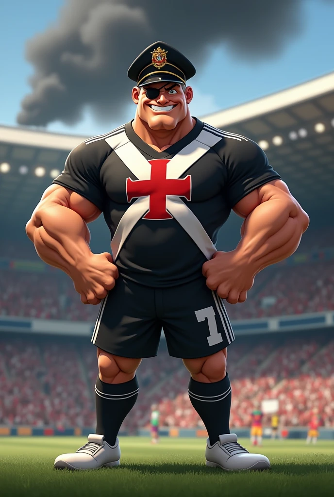 The mascot is an admiral, muscular, ed-up chest, with an imposing appearance. He should be wearing a soccer uniform, a black shirt, with a white crossband, over the band a thick red Maltese cross on the chest, white shorts and socks, with a black admiral's hat with a thick red cross on the straight sides in the front. The admiral should be posing with a confident and friendly expression, wearing a black eye patch, in a soccer stadium with fans in the background, black smoke rising into the air.