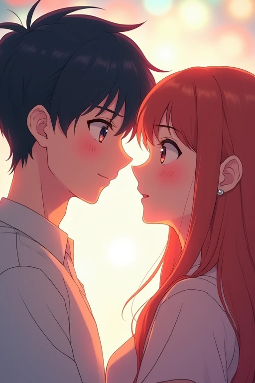Top quality anime-style student couple close-up image facing forward