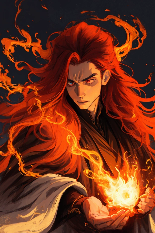 a male sorcerer with fire powers, intricate detailed fantasy portrait, cinematic dramatic lighting, warm fiery tones, highly detailed, photorealistic, 8k, masterpiece, digital art, sharp focus, physically-based rendering, ultra-detailed, hyperrealistic skin, piercing eyes, expressive face, ornate robe, flowing hair, dramatic pose, magical energy, glowing fire effects, dark and moody atmosphere, rich saturated colors