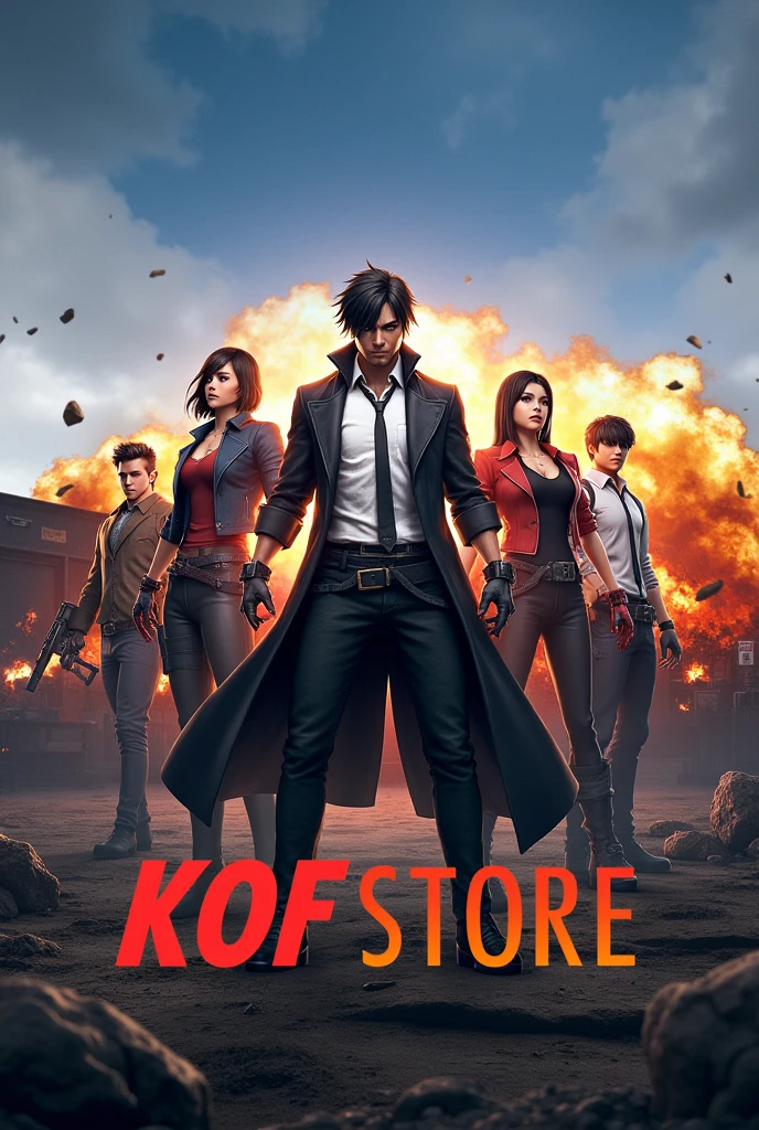Make super duper wallpaper for group and And text below KOF STORE and wallpaper like pubg squad man or women in like king of fighter