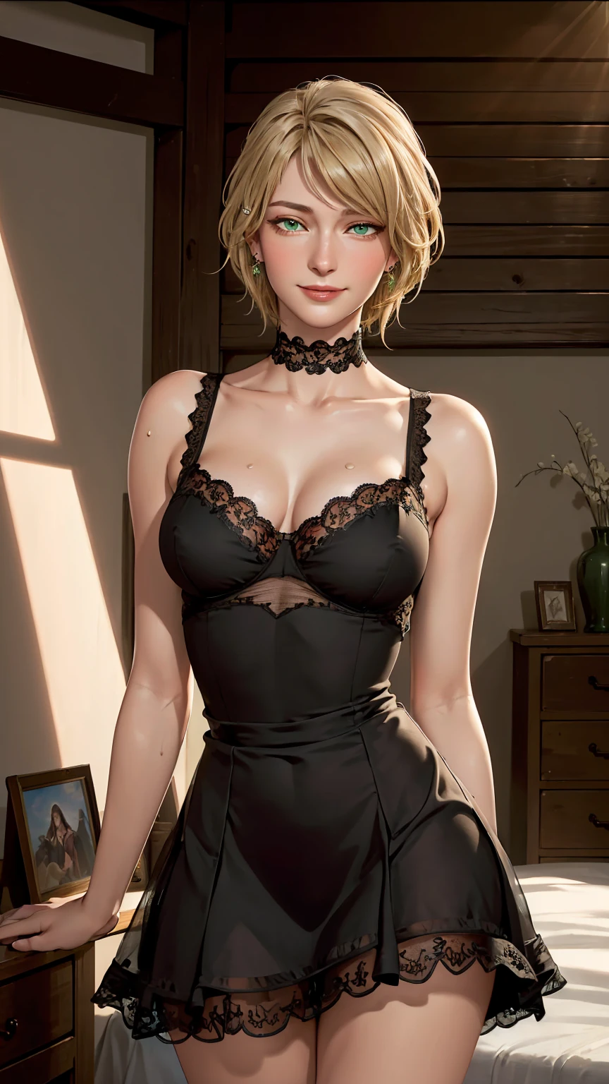 ((((masterpiece, best quality, high resolution)))), Extremely detailed 8K, Beautiful girl with voluptuous body, (Ultra HD, Ultra-detailed, Highly detailed, Highly realistic, Ultra-realistic, photograph realistic), (1girl:1.5), (Realistic blonde hair), (short silky hair, hair ornaments, earrings), (dynamic poses), facing at camera, looking at viewer, (blushing red, embarrassed, exhausted, smile), (green eyes, sharp eyes), (medium perky breasts:1.3), (wide hips:1.2), (beautiful detailed face, beautiful detailed eyes), ((black lace nightdress)), (detail pussy), (standing up), sweat, glow, (sunbeam, sunlight), ((cowboy shot)), bedroom, seductive, (toned muscle)