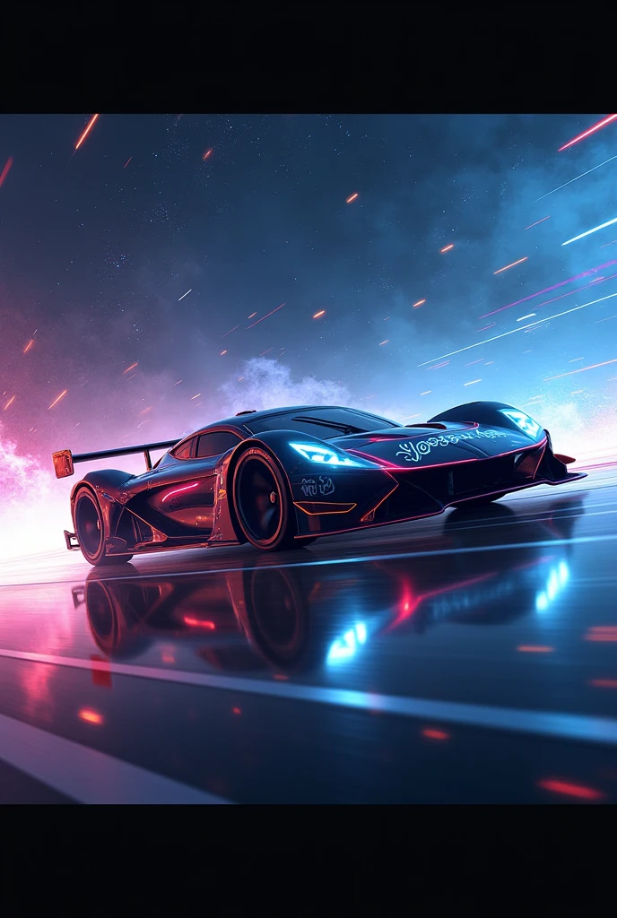 image with the word Yeyson, being the logo of a car in space performing a 3d anime race