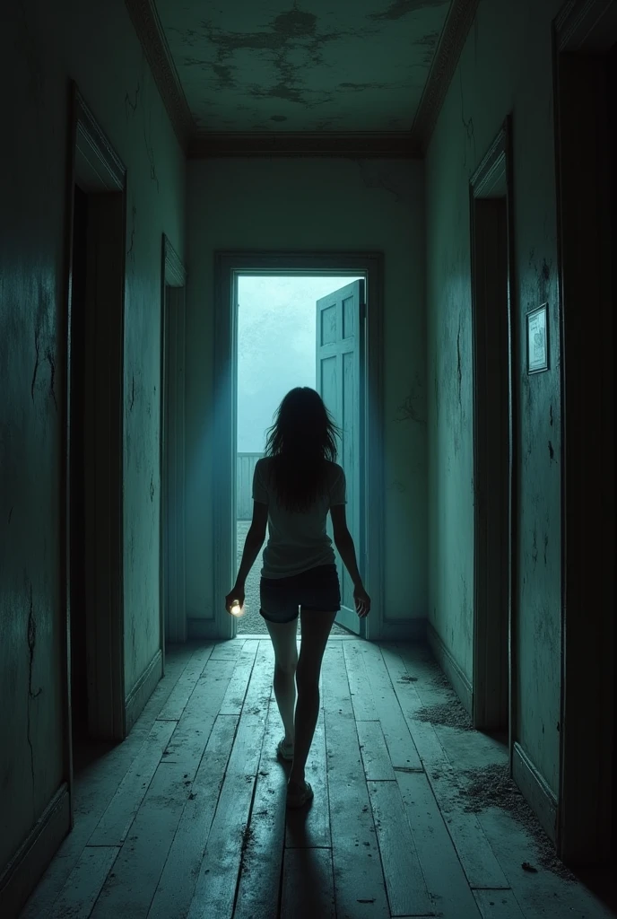"The young woman walks slowly down a narrow, dark corridor, your footsteps echoing on the old, creaky wooden floor. The walls are worn out, covered in stains and cracks, with cobwebs in the corners. The air is heavy and cold, as if the house had been abandoned for many years. In front of her, the corridor splits into two directions, with two old wooden doors, one on the left and one on the right.
She stops in the middle of the hallway, watching the doors ahead. Both are half open, and from within them, only darkness lurks. The wood on the doors is old and peeling, and the sound of the weak wind passes through small cracks in the hallway windows. The young woman holds the flashlight steady, lighting the way, but what lies behind each door remains a mystery. She knows she will have to choose one of the paths, but the sense of danger is palpable."