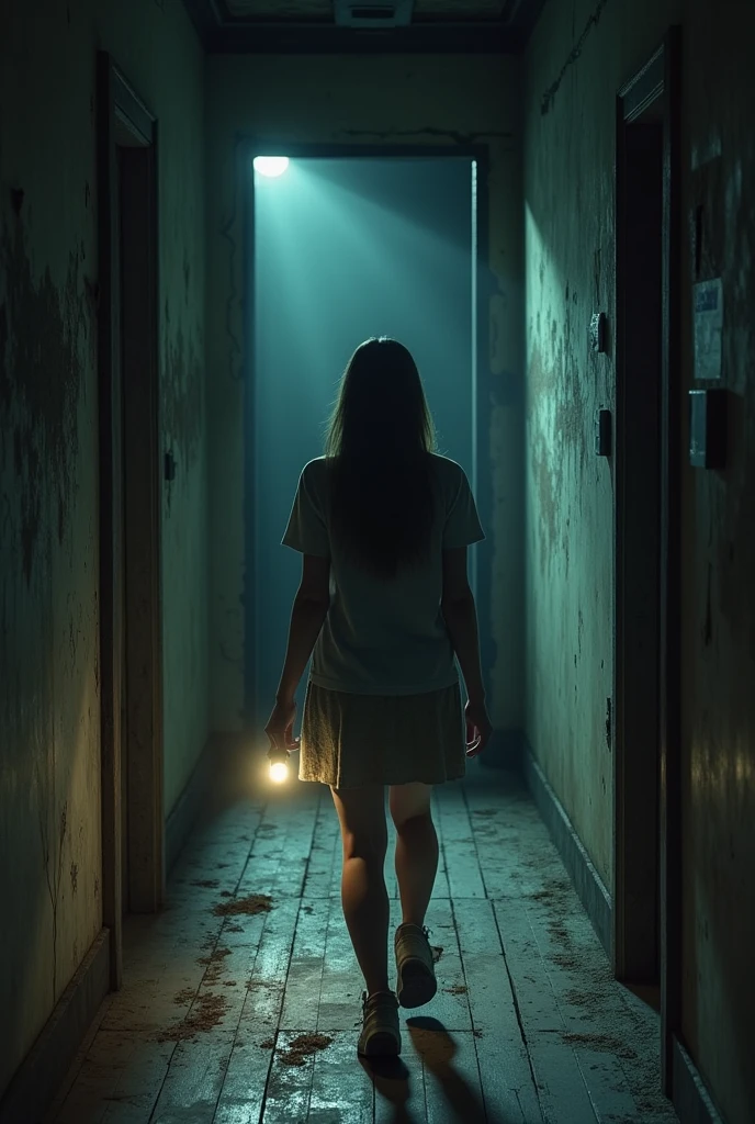 "The young woman walks slowly down a narrow, dark corridor, your footsteps echoing on the old, creaky wooden floor. The walls are worn out, covered in stains and cracks, with cobwebs in the corners. The air is heavy and cold, as if the house had been abandoned for many years. In front of her, the corridor splits into two directions, with two old wooden doors, one on the left and one on the right.

She stops in the middle of the hallway, watching the doors ahead. Both are half open, and from within them, only darkness lurks. The wood on the doors is old and peeling, and the sound of the weak wind passes through small cracks in the hallway windows. The young woman holds the flashlight steady, lighting the way, but what lies behind each door remains a mystery. She knows she will have to choose one of the paths, but the sense of danger is palpable."