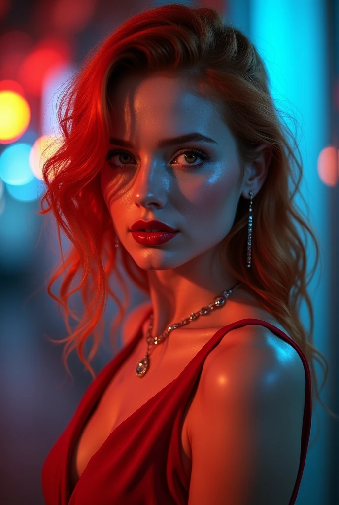 1 girl with a beautiful, mature face, Red hair, gazing directly at the viewer, realistically rendered, wearing a chic red dress that complements her hair color, showing your shoulders and neck, accented with elegant jewelry, lipstick staining lips, defined nose, and expressing confidence and fascination. blue and red lights in the background.