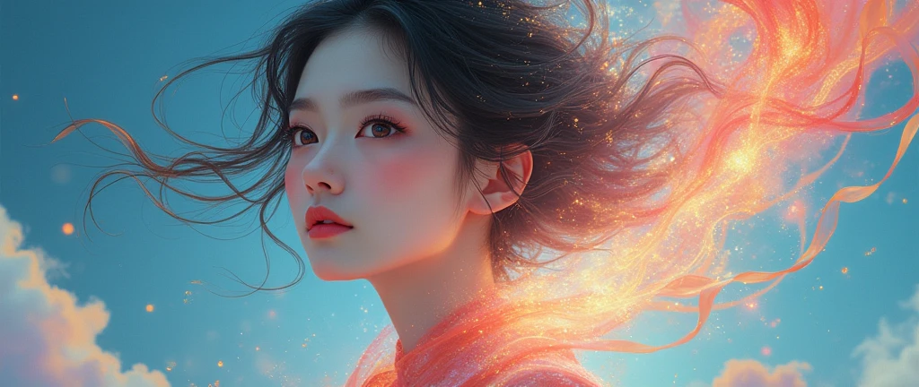 Chinese woman, face close-up, soaring female figure made of ribbons, smoke, in the sky, colorful and bright, mystical colors, modern impressionism, portraiture Yanjun Cheng, iridescent painting, 3/4 perspective view, cute face, low angle, wide swirling composition, big beautiful crystal eyes, large iris, UHD, HDR, 8K, (Masterpiece: 1. 5), (World's most beautiful portrait: 1.5)