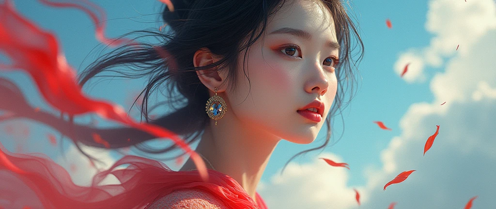 Chinese woman, face close-up, soaring female figure made of ribbons, smoke, in the sky, colorful and bright, mystical colors, modern impressionism, portraiture Yanjun Cheng, iridescent painting, 3/4 perspective view, cute face, low angle, wide swirling composition, big beautiful crystal eyes, large iris, UHD, HDR, 8K, (Masterpiece: 1. 5), (World's most beautiful portrait: 1.5)