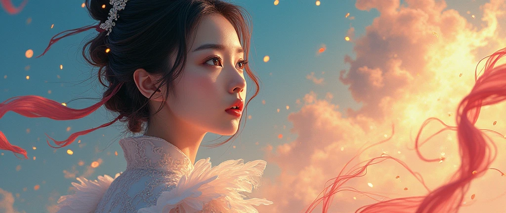 Chinese woman, face close-up, soaring female figure made of ribbons, smoke, in the sky, colorful and bright, mystical colors, modern impressionism, portraiture Yanjun Cheng, iridescent painting, 3/4 perspective view, cute face, low angle, wide swirling composition, big beautiful crystal eyes, large iris, UHD, HDR, 8K, (Masterpiece: 1. 5), (World's most beautiful portrait: 1.5)