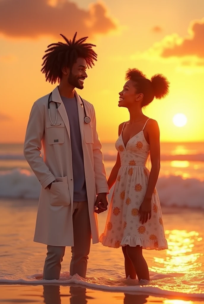 a dark-skinned pharmacist, 3 tall and smiling appearance with beautiful curly wavy hair like a small tuft
, next to a 20 year old with curly hair, dark skin brown eyes, short-hair, in a white daisy dress at a sunset on the beach