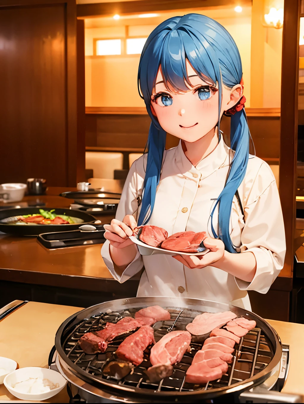 Light blue long hair、Beautiful girl with twin tails、 Grilled meat、You can see the night view outside the window