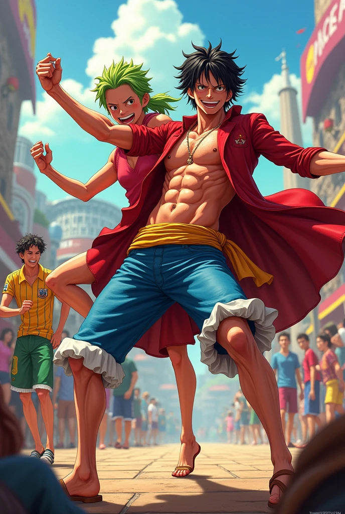Luiz Dias dancing with Luffy Gear 5 and Don Flamingo and Messi in the background