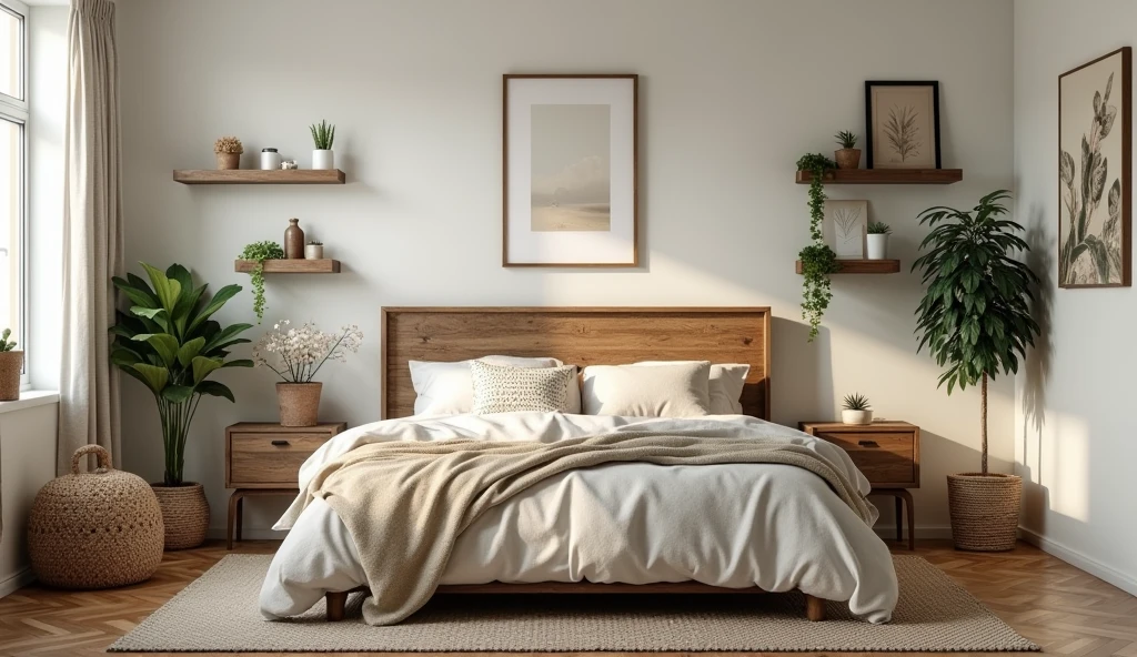 contemporary cottage bedroom design ideas, farmhouse, parquet flooring, large wooden headboard , white walls, curtains, indoor plants, paintings, selves withe little pots and jars