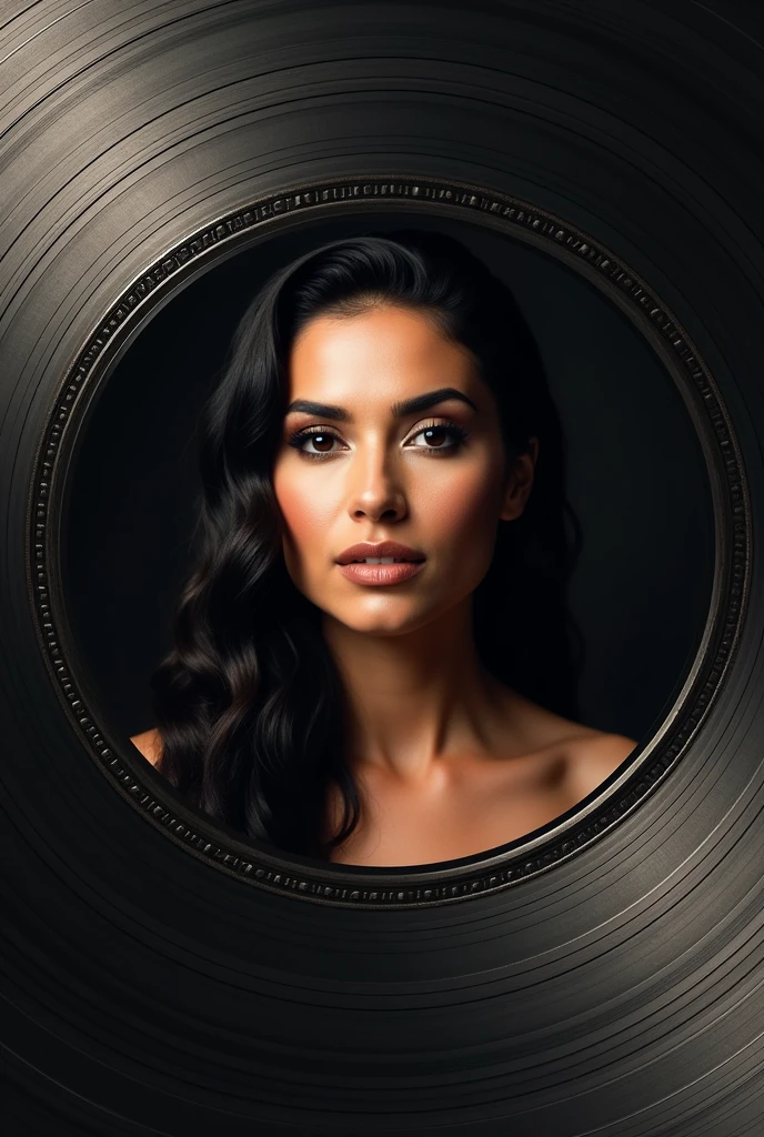 A wallpaper with the singer Ana Gabriel inside a vinyl record