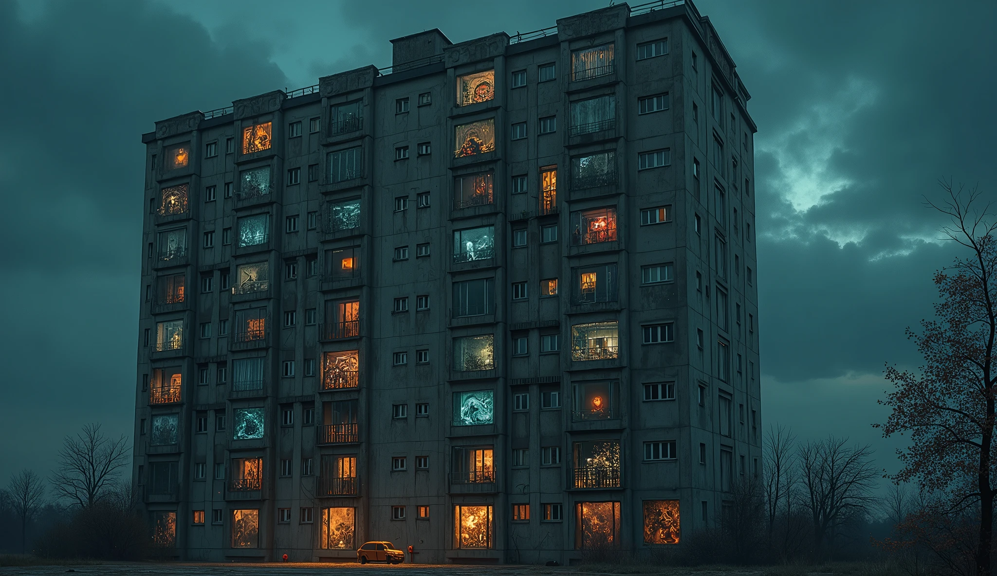 A 14-storey Russian panel house, in each window of which you can see different worlds, a mystical atmosphere, a Lovecraftian atmosphere, at night, realistic