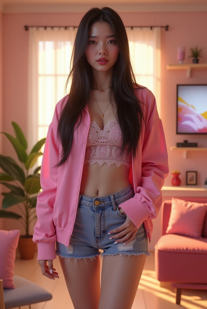 Asian woman, Generation Z. beautiful, slim, long straight hair. Wearing a K-Idol style outfit. She is an influencer, tiktoker in a “Big Brother” style house
