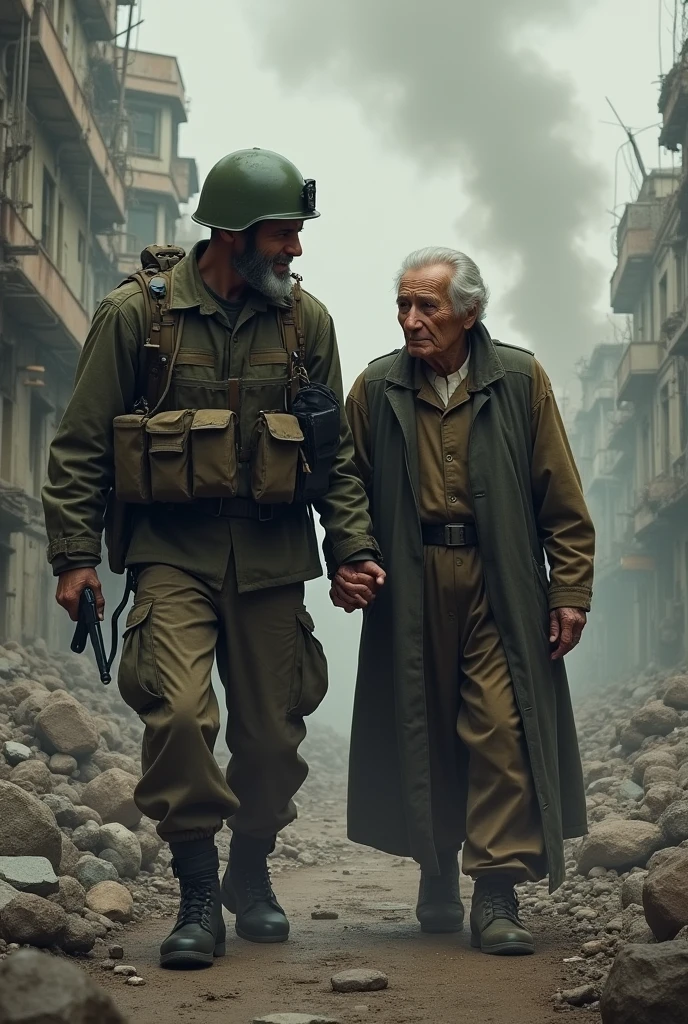 "Design an image of a soldier helping a civilian amidst the rubble of war. The image captures the contrast between the destruction around them and the act of humanity, symbolizing the morality and dilemmas that arise in the midst of war. In the background, there are destroyed buildings and smoke rising, but the focus should be on the soldier's compassionate gesture."