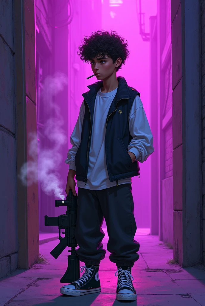 A boy with a height of 1 meter 55 centimeters of full body, with curly hair, Brown eyes (NOT SO BIG) moreno, with a white long-sleeved shirt and a black vest over the white shirt, with baggy black pants. White and black Converse sneakers, smoking a cigar with his right hand and smoke coming out of the cigar, and with a small Fine Line Tactical weapon in his left hand with a phosphorescent purple background. (NOT ANIMATED)