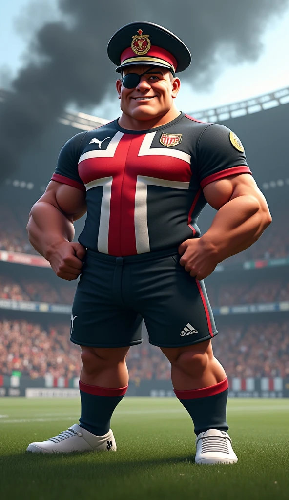 The mascot is an admiral, muscular, puffed-up chest, with an imposing appearance. He should be wearing a soccer uniform, a black shirt, with a white crossband, over the band a thick red Maltese cross on the chest, white shorts and socks, with a black admiral's hat with a thick red cross on the straight sides in the front. The admiral should be posing with a confident and friendly expression, wearing a black eye patch, in a soccer stadium with fans in the background, black smoke rising into the air.