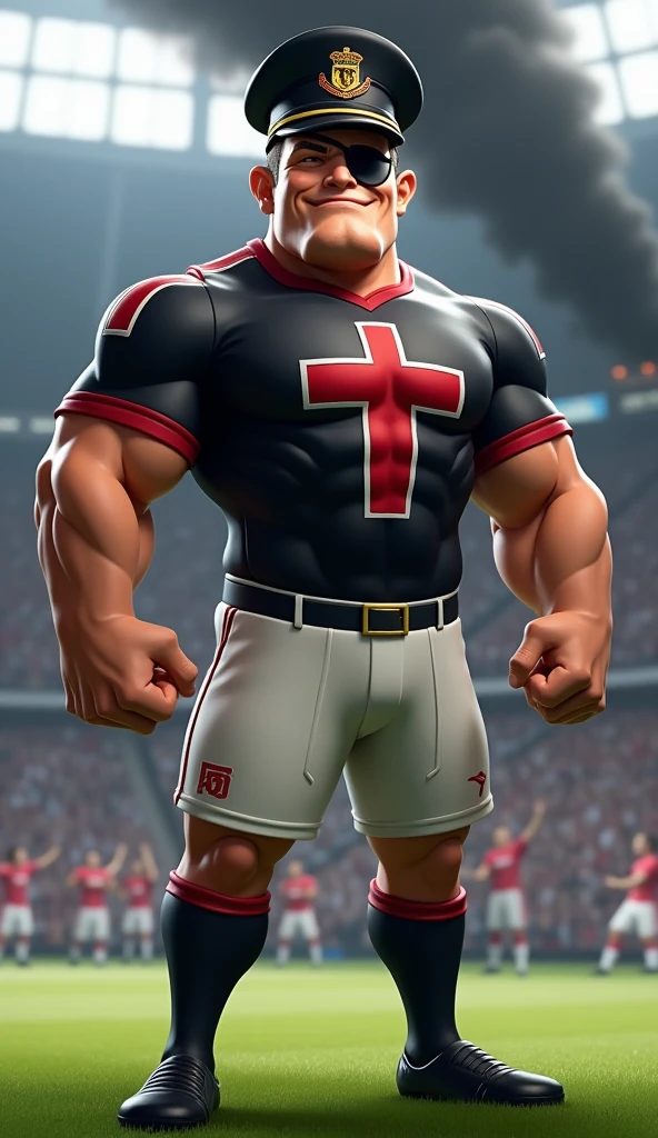 The mascot is an admiral, muscular, puffed-up chest, with an imposing appearance. He should be wearing a soccer uniform, a black shirt, with a white crossband, over the band a thick red Maltese cross on the chest, white shorts and socks, with a black admiral's hat with a thick red cross on the straight sides in the front. The admiral should be posing with a confident and friendly expression, wearing a black eye patch, in a soccer stadium with fans in the background, black smoke rising into the air.