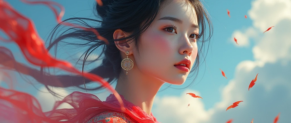 Chinese woman, face close-up, soaring female figure made of ribbons, smoke, in the sky, colorful and bright, mystical colors, modern impressionism, portraiture Yanjun Cheng, iridescent painting, 3/4 perspective view, cute face, low angle, wide swirling composition, big beautiful crystal eyes, large iris, UHD, HDR, 8K, (Masterpiece: 1. 5), (World's most beautiful portrait: 1.5)