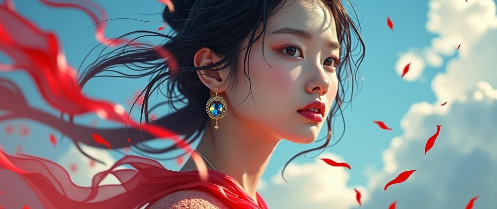 Chinese woman, face close-up, soaring female figure made of ribbons, smoke, in the sky, colorful and bright, mystical colors, modern impressionism, portraiture Yanjun Cheng, iridescent painting, 3/4 perspective view, cute face, low angle, wide swirling composition, big beautiful crystal eyes, large iris, UHD, HDR, 8K, (Masterpiece: 1. 5), (World's most beautiful portrait: 1.5)