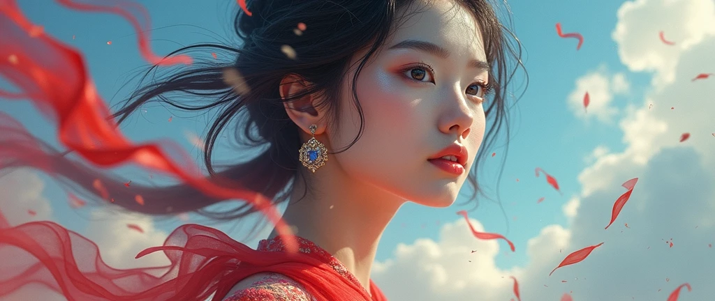 Chinese woman, face close-up, soaring female figure made of ribbons, smoke, in the sky, colorful and bright, mystical colors, modern impressionism, portraiture Yanjun Cheng, iridescent painting, 3/4 perspective view, cute face, low angle, wide swirling composition, big beautiful crystal eyes, large iris, UHD, HDR, 8K, (Masterpiece: 1. 5), (World's most beautiful portrait: 1.5)