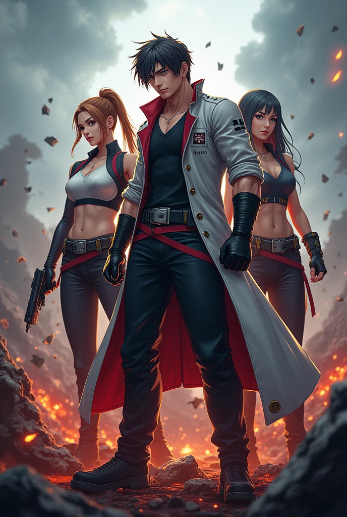 Make super duper wallpaper for group  and And text below KOF STORE   and wallpaper like pubg squad  man or women in like king of fighter